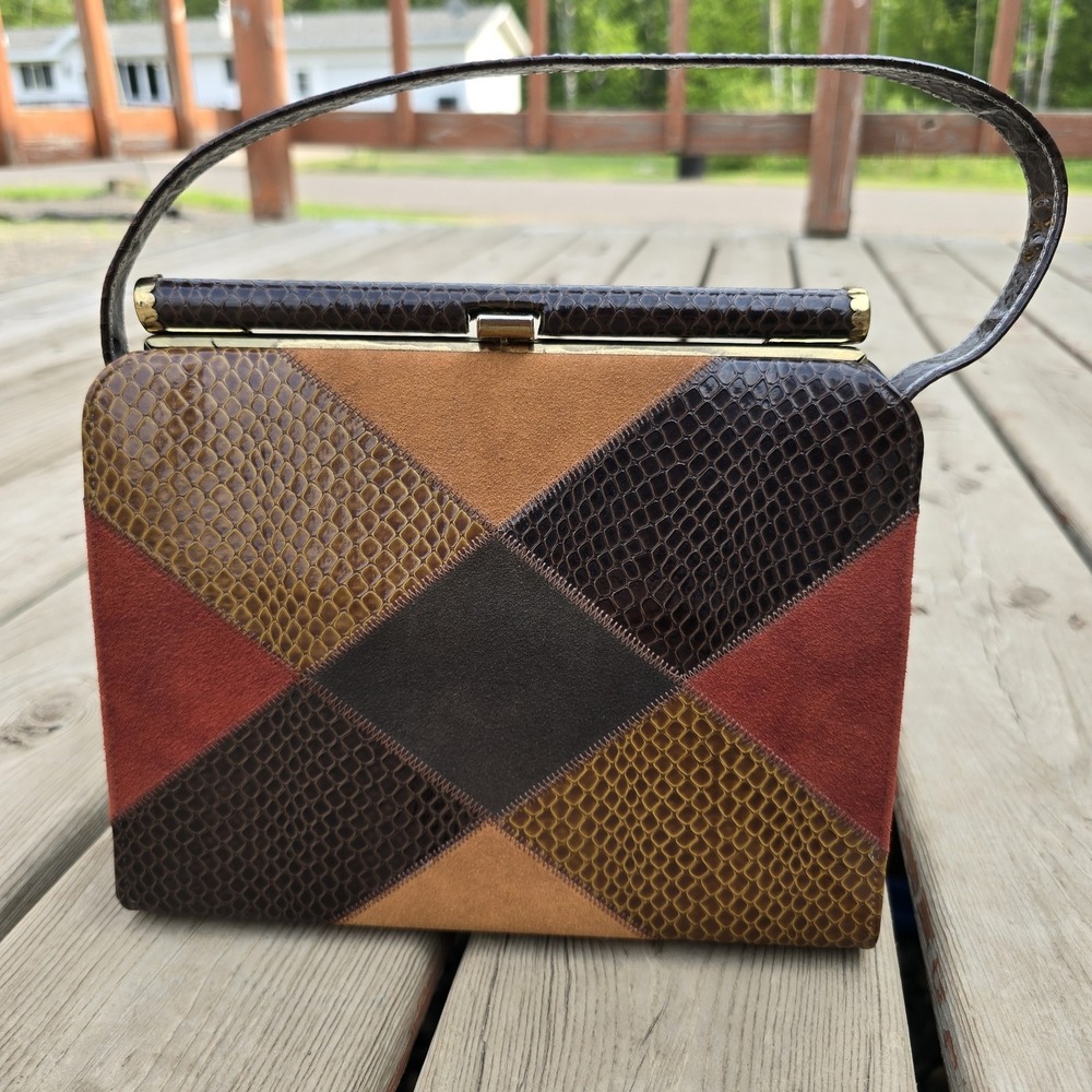 Vtg 60s 70s Patchwork Clutch Gold Tone Hardwar Purse Simulated Snakeskin Leather
